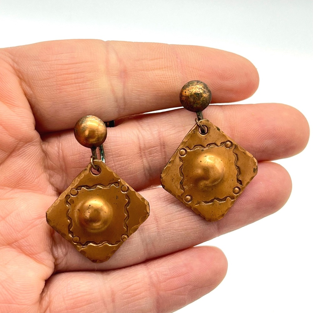 Vintage Copper Earrings Geometric Diamond Shape Screw‎ Back Patina Statement